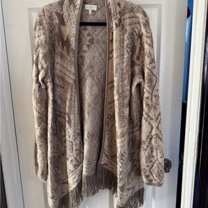 Lucky Brand Tan Cardigan with Textural Pattern and Fringe